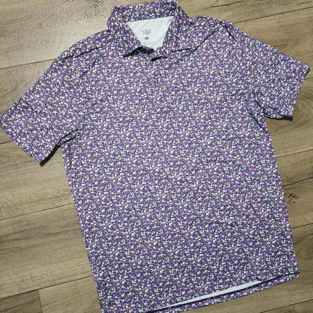 1764 Signature Mens Purple Floral Ditsy Print Golf Polo Shirt Large Short Sleeve